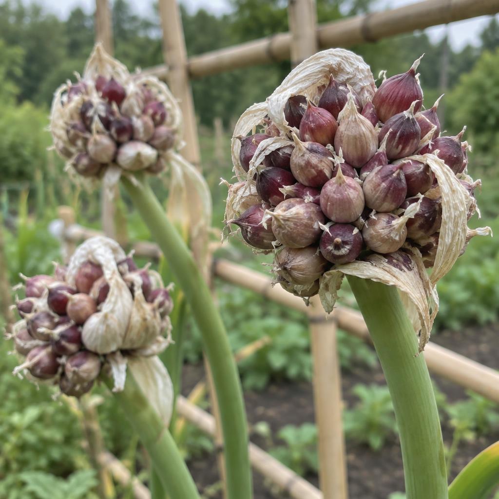 Clusters of deep purple Red Russian garlic bulbils on their stalks with papery sheaths torn back, a bamboo trellis blurred behind