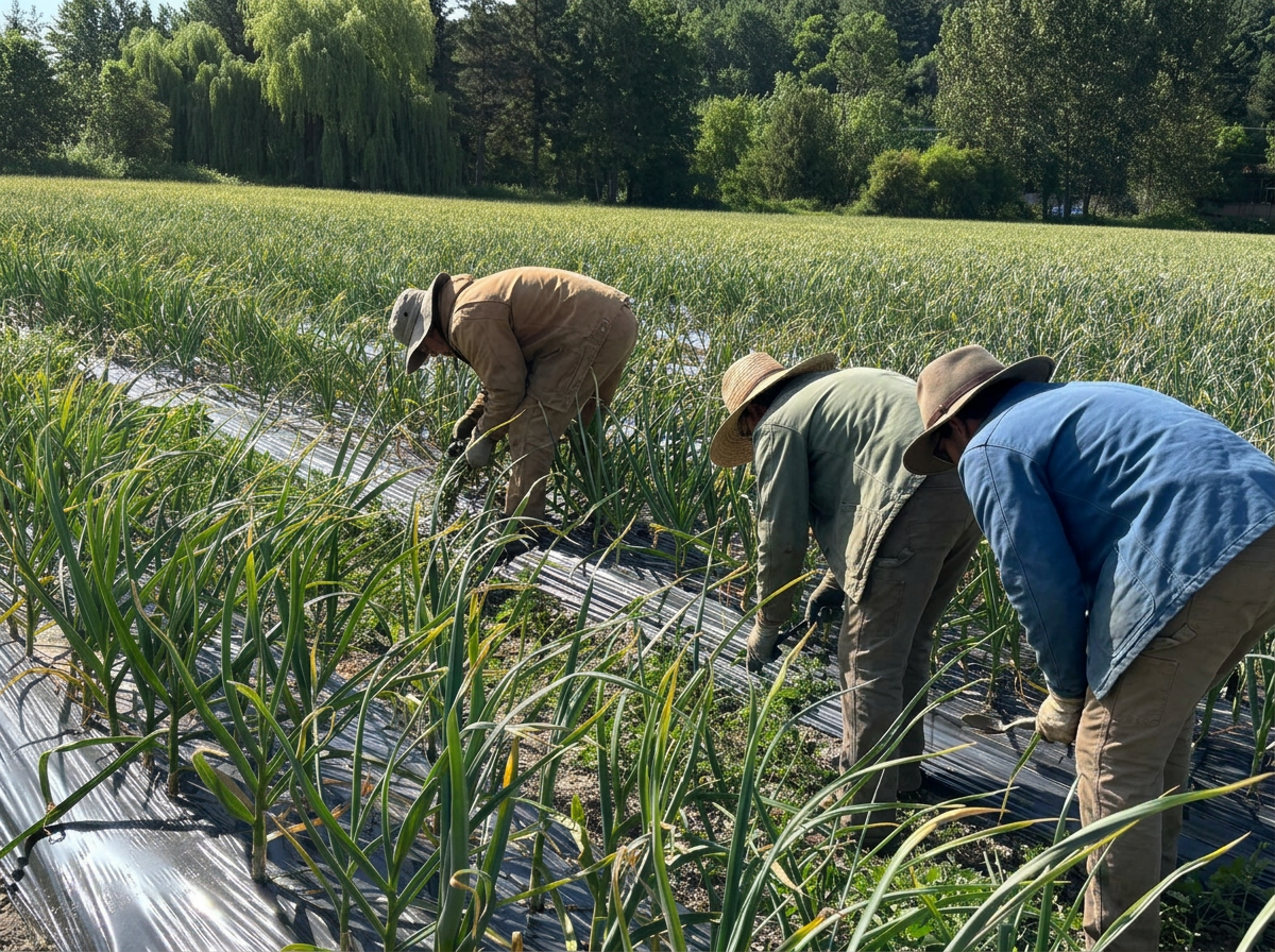 Farm workers tending rows of garlic in the Chilliwack field, seen from behind